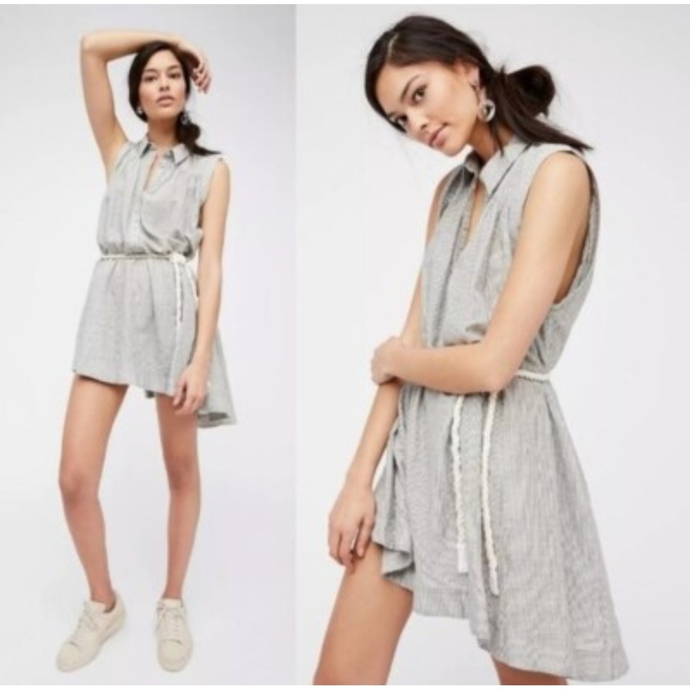 Free People Women's Sz Small "Young Spirit" Gray Striped Dress Tunic Lagenlook